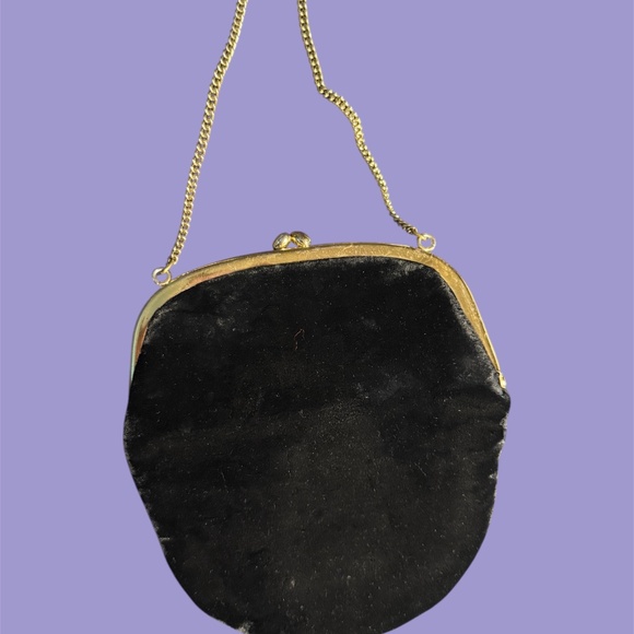 Vintage 50s Black Velvet Evening Clutch Pouch Bag Satin Bow Gold Chain Handle - Picture 2 of 5